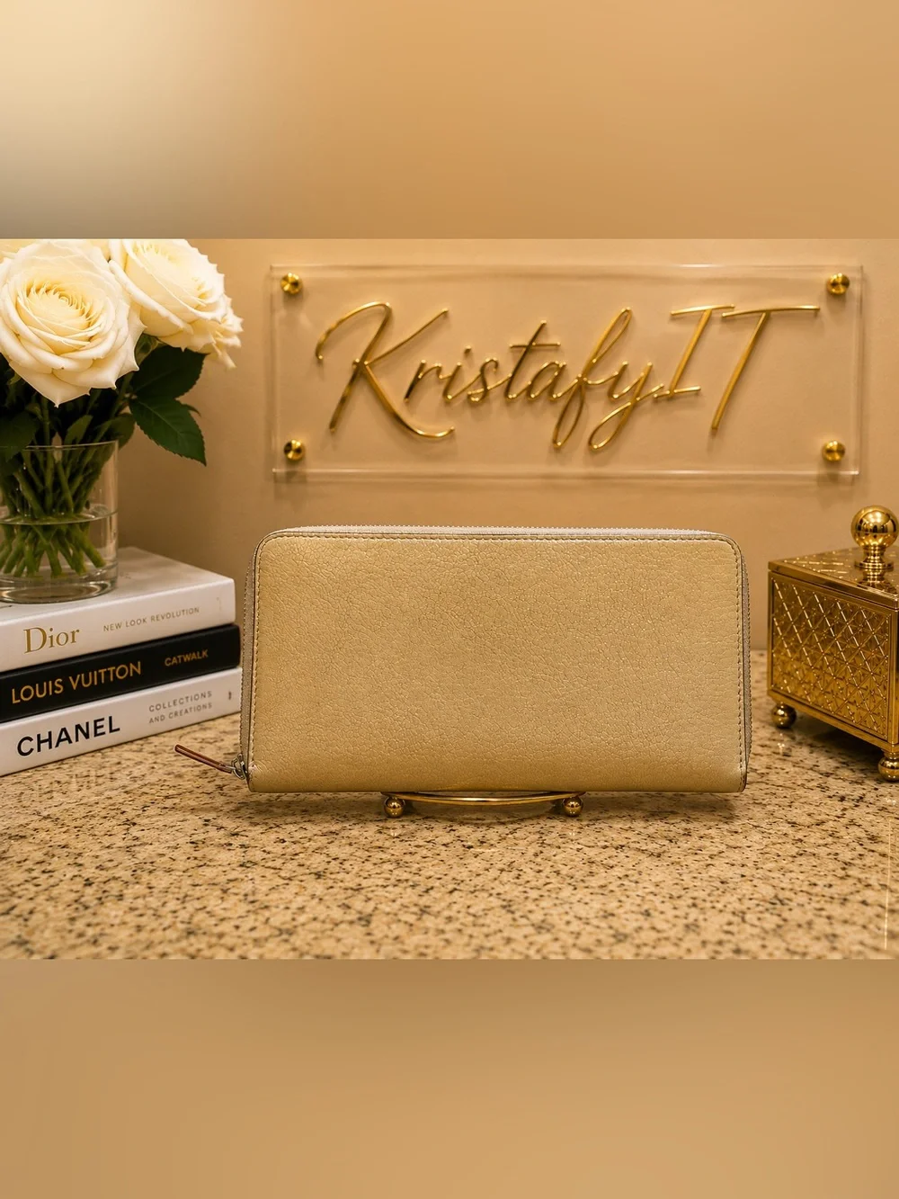 Celine Beige Leather Zip Around Continental Wallet Authentic